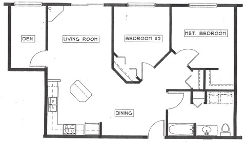 Floor plan for 2 beds, 1 bath, 990 sqft